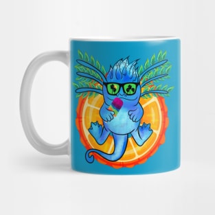 Kawaii Ice Blue Axolotl Jasper Vinyl Die Cut Sticker with Leafy Mane, Rainbow Popsicle, and Palm Tree Reflection Mug